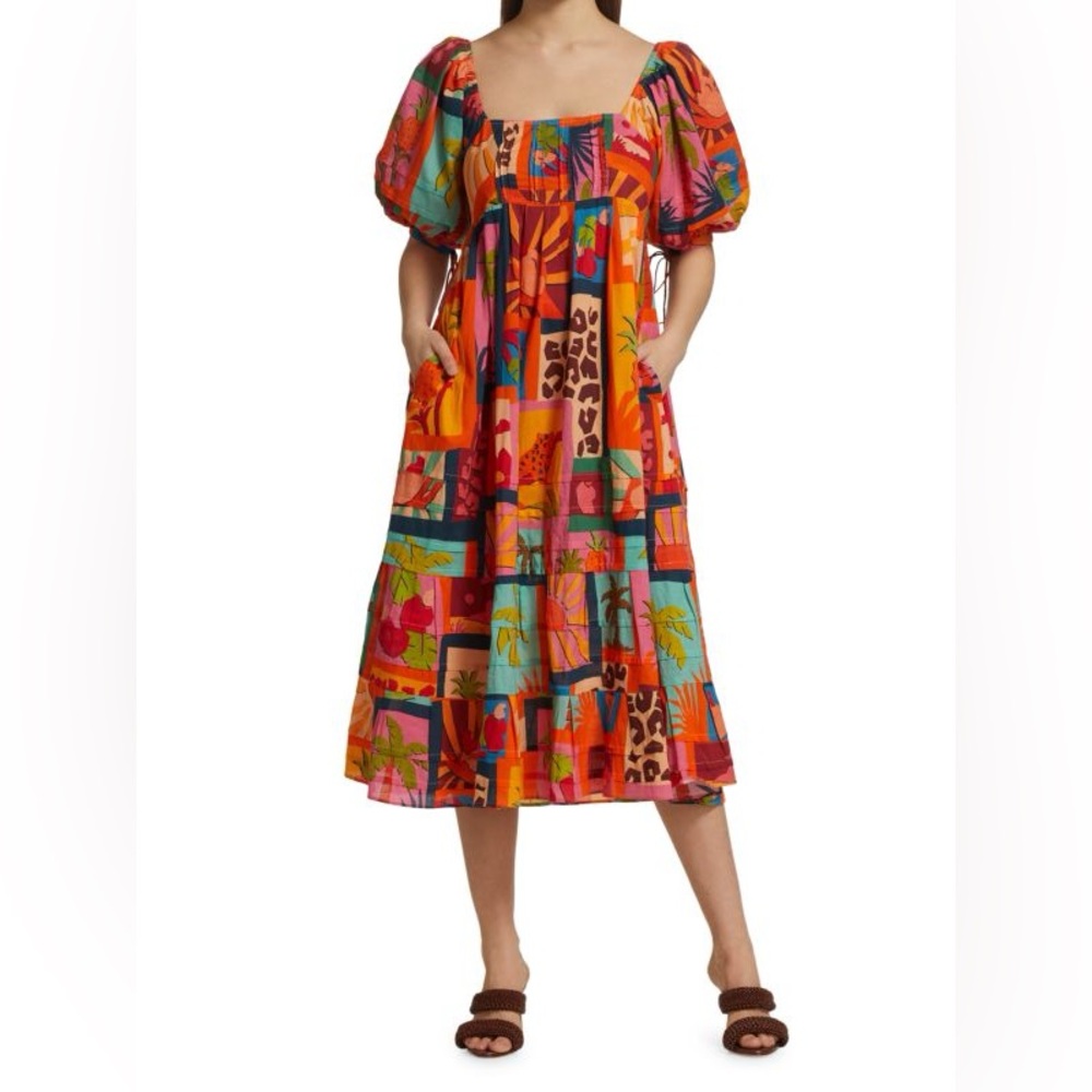 FARM RIO Midi-Dress Women’s Large Tropical Collage Puff Sleeve Square Neck